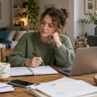 Woman resting her head on her hand while writing beside a laptop.