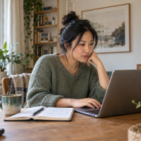 Woman working at a laptop with an open notebook beside her.